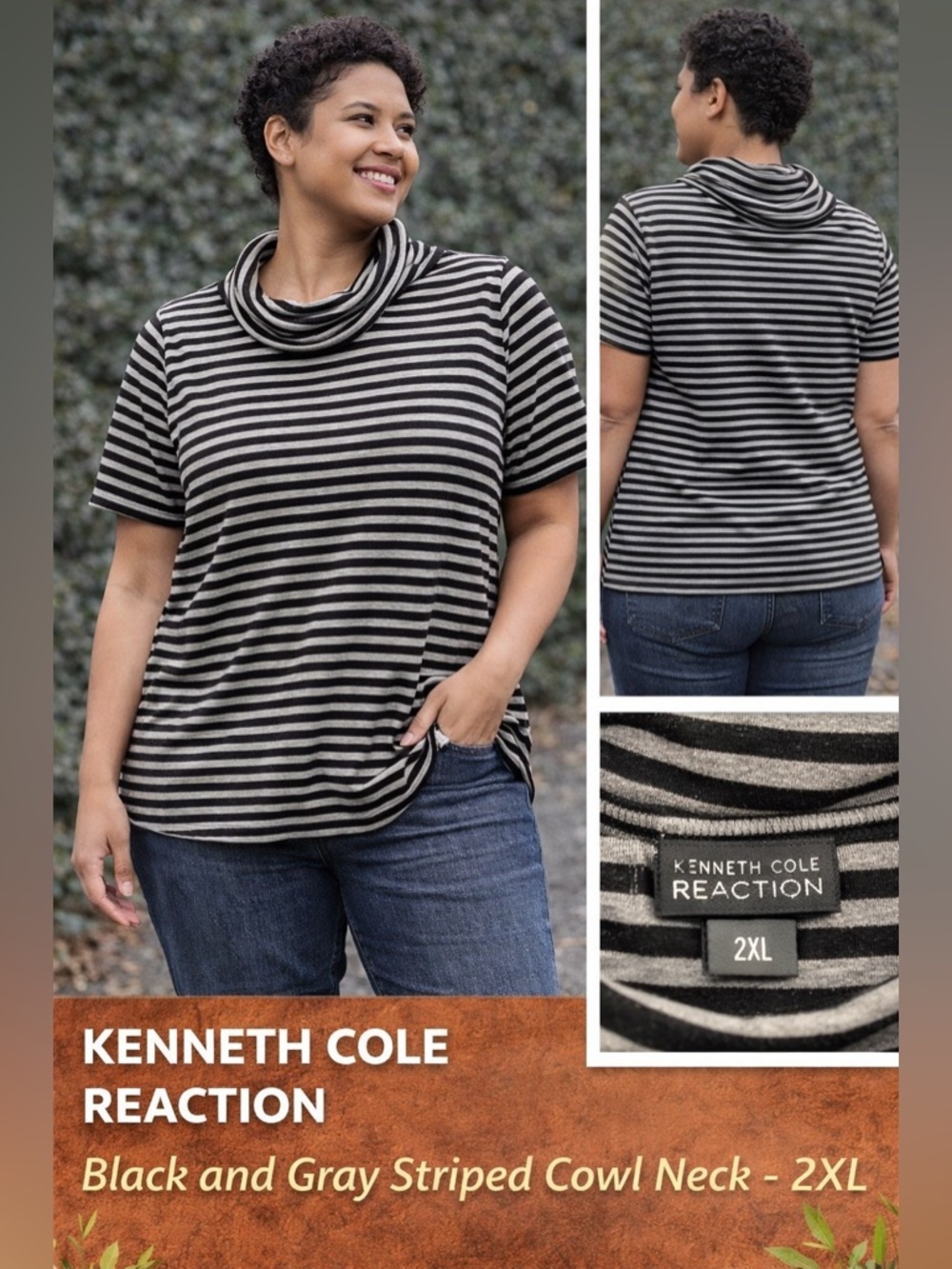 Kenneth Cole Reaction Black and Gray Striped cowl neck  2XL